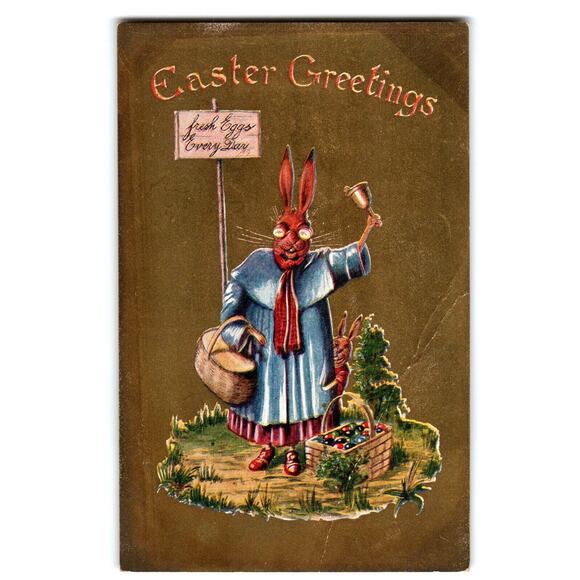Easter Postcard Dressed Mother Rabbit Fresh Eggs Everyday John Winsch Back - Picture 1 of 2